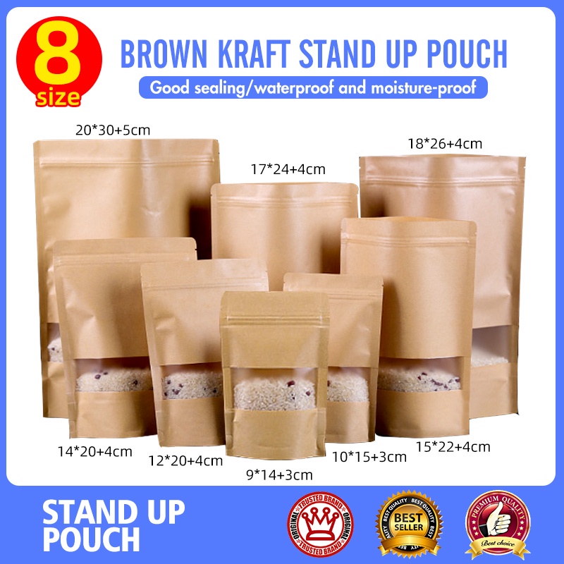 100 pcs Brown Kraft Stand Up Pouch with Zip Lock Ziplock Plastic Paper ...