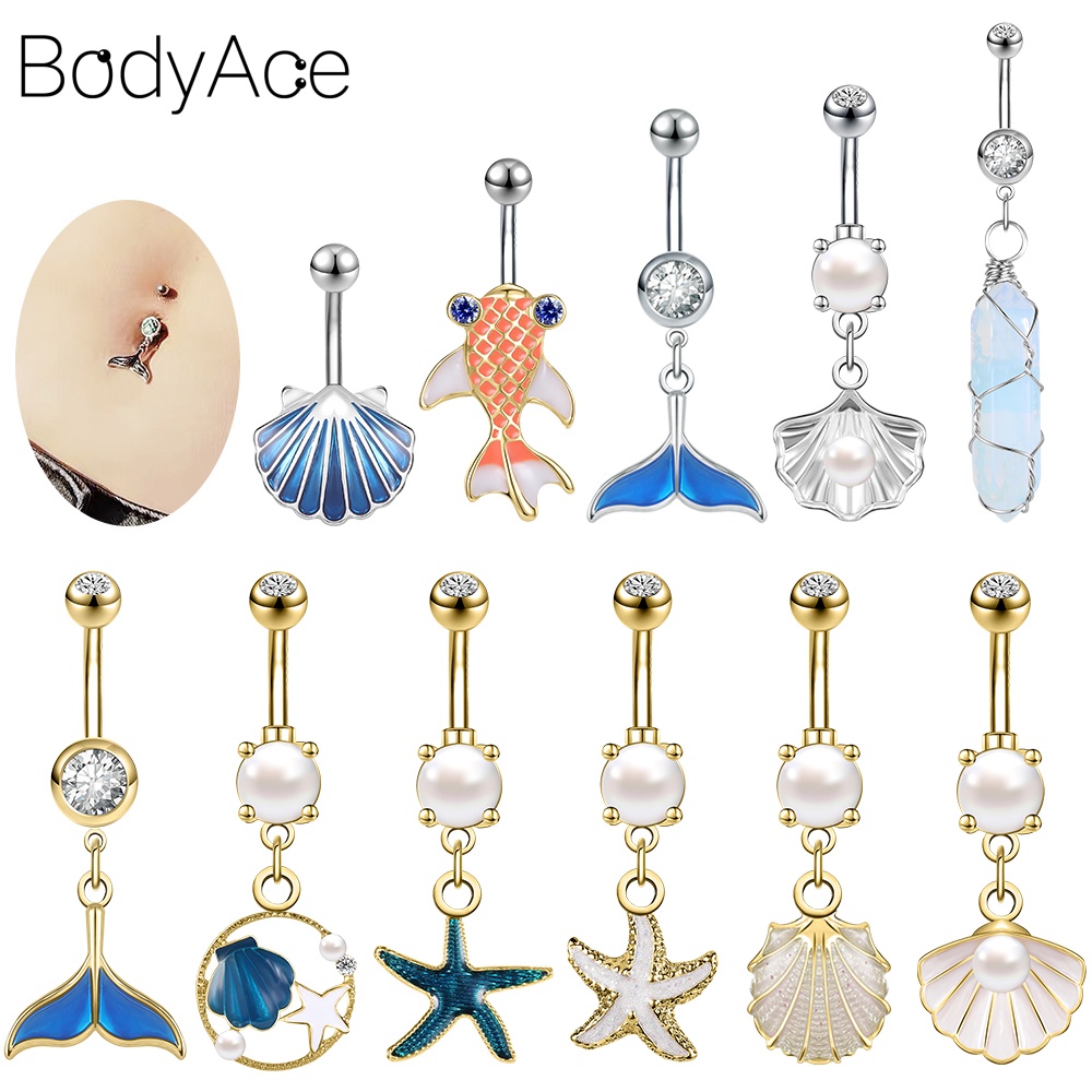Bodyace 1 Pc Star Shell Fish Belly Button Rings Stainless Steel Pearl ...