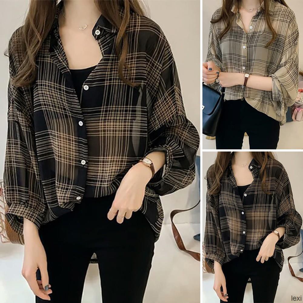 women blouse VCollar Sleeve Plaid Long Sleeve Loose Slimming Short shirts  korean shirt top College, Women's Fashion, Tops, Other Tops on Carousell