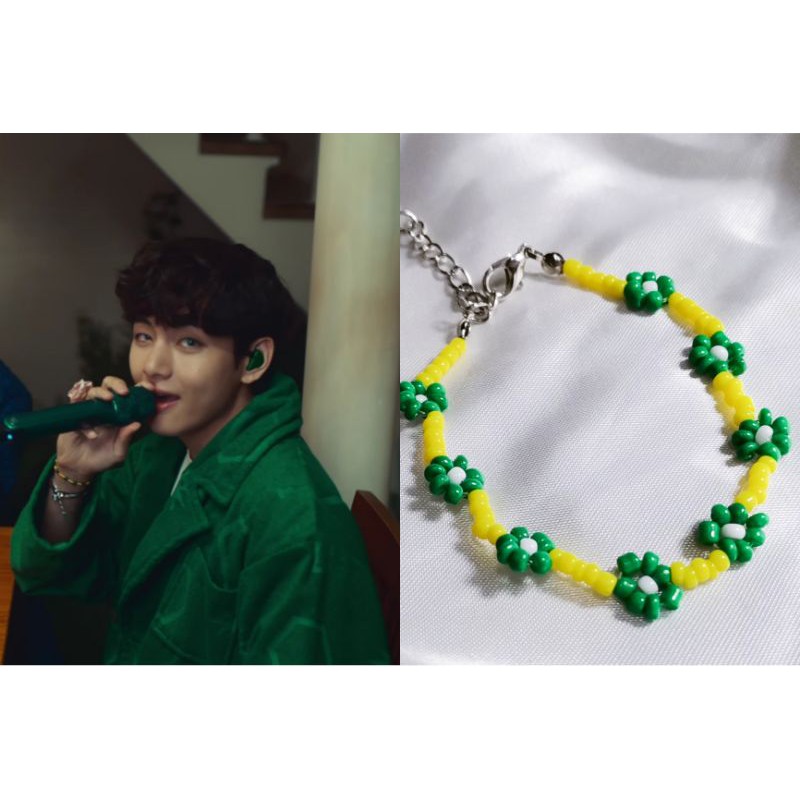 BTS V Bracelet Grey Beaded With Green Lettered Taehyung 