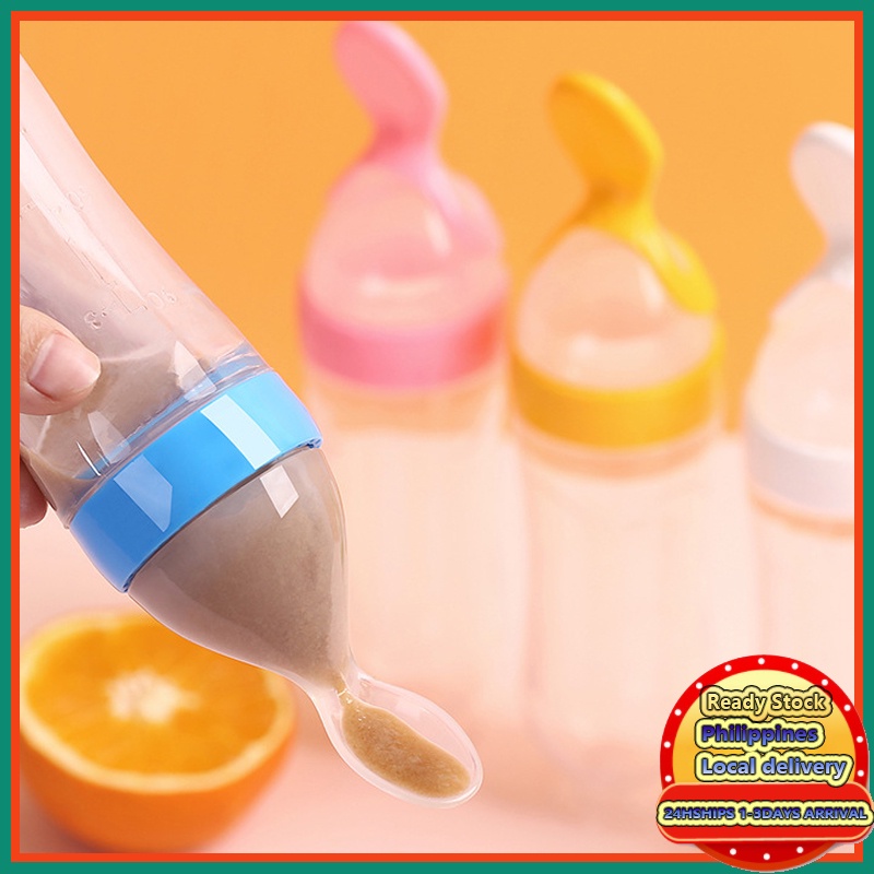 1Pc 90mL Silicone  Feeding Bottle with Spoon Food Cereal Squeeze Feeder Hot Spoon Solid Feeding (Pink)
