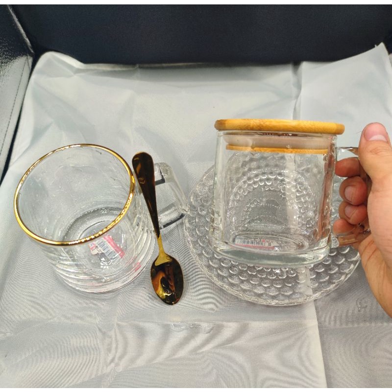 High quality aesthetic Clear and gold mug glass Coffe Latte set with