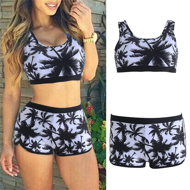 Swimming Korean Two Piece Swimsuit Shorts Women Crop Tops High Waist ...