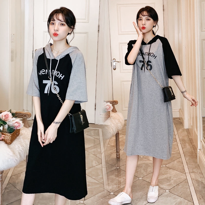Plus Size Short Sleeve Hooded Dress Big Size T shirt Dress Round Neck Half Sleeves Letter Number Printed Dress Big Size Ladies Causal Maternity Pregnancy Long Length T shirt Dress Shopee Philippines