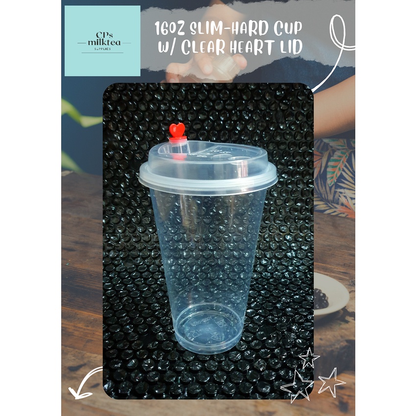 Plastic Cups Milk Tea Cups 16oz Slim Hard Cup With Clear Heart Lids Cups 90mm 50 Pcs Cps 2795