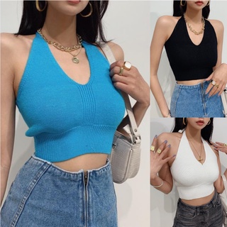 Off Shoulder Halter Tank Tops For Woman Knitted Sexy Crop Tops