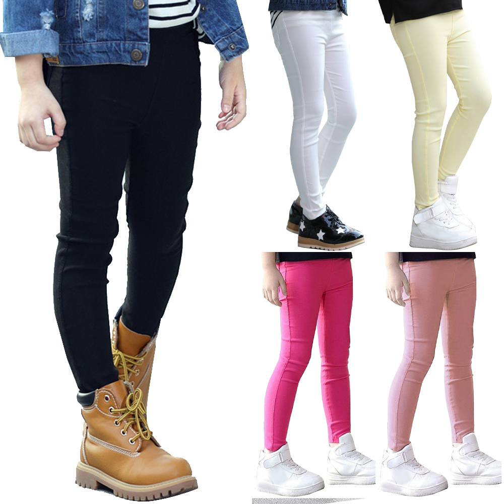 Kids Girls Candy Color Cotton Pencil Pant Elastic Long Casual Trousers ...