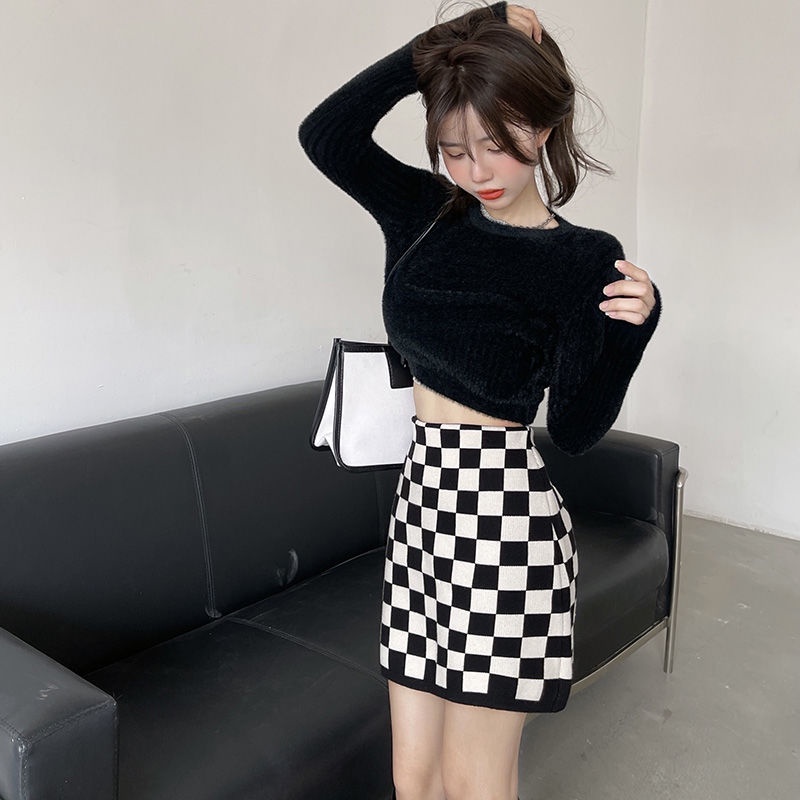 Half-length Skirt Checkerboard High-Waist Stretch Knit Skirt Black ...