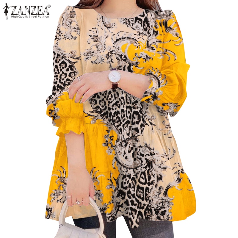 Zanzea Women Loose O Neck Printed Puff Sleeve Leopard Print Vintage