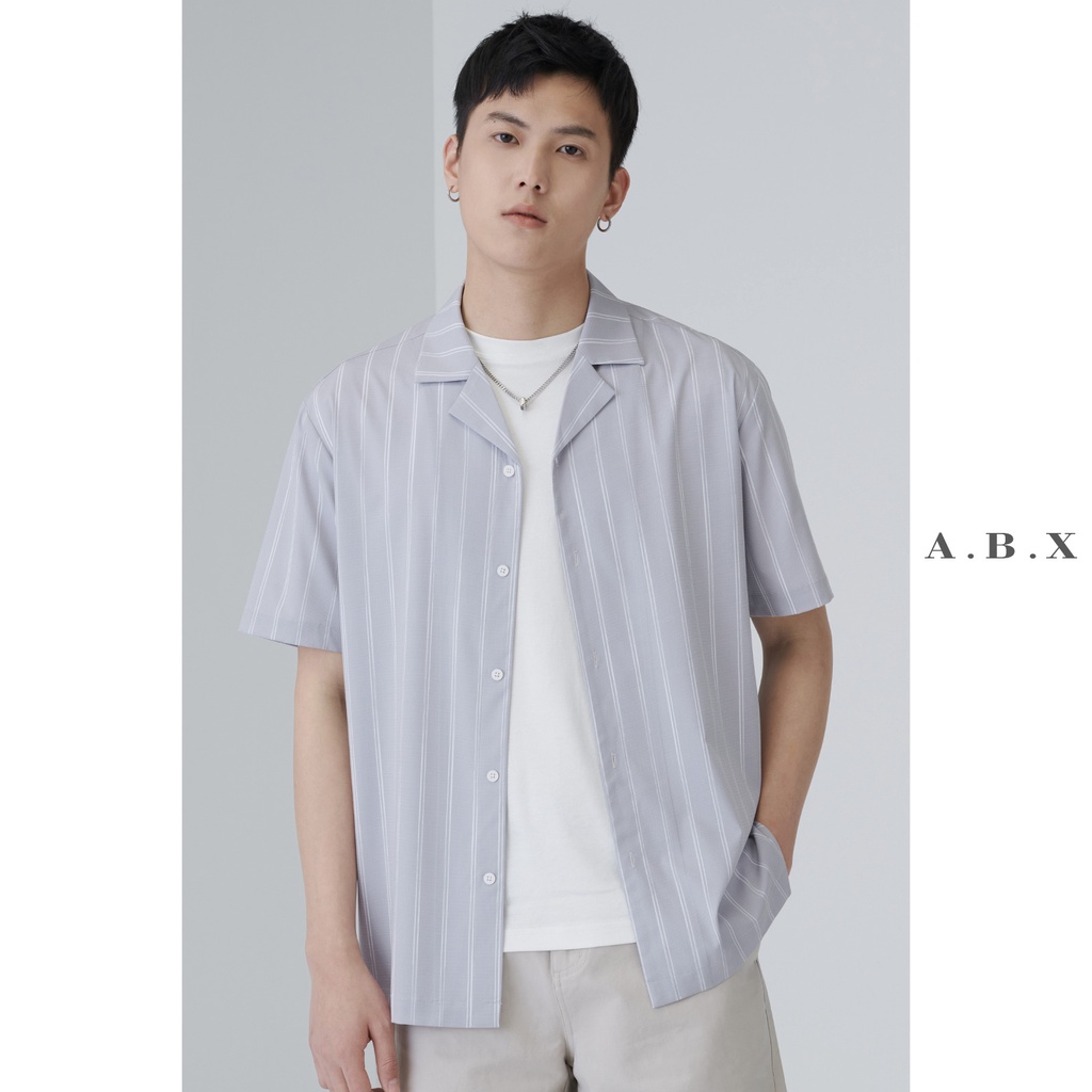 men's shirt ﹉Summer lightweight retro gray and blue striped Cuban ...