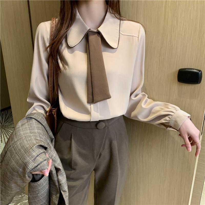 2021 Women Chiffon Blouse Long Sleeve Loose OL Ribbon tie Shirt Cute Elegant Tops office Casual wear Shopee Philippines