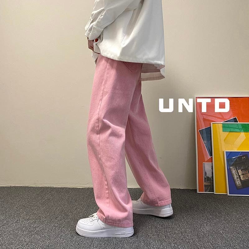 Men's Wide Tube Jeans Full White Pink Men's Jeans Style Shopee