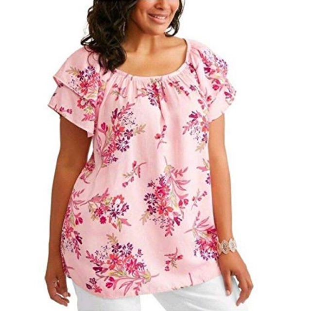 TERRA & SKY Women's Plus Size Floral Print Off Shoulder Peasant