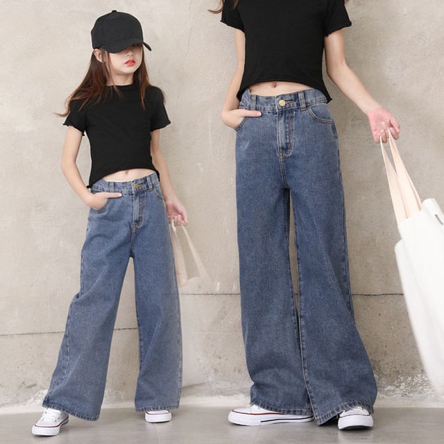 8-13 years old girls high-waist straight-leg jeans casual fashion loose ...