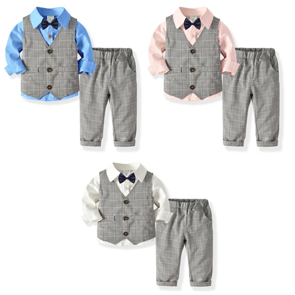 4pcs Kids Boy Suits Gentleman Set Formal Plaid Suit Birthday Party
