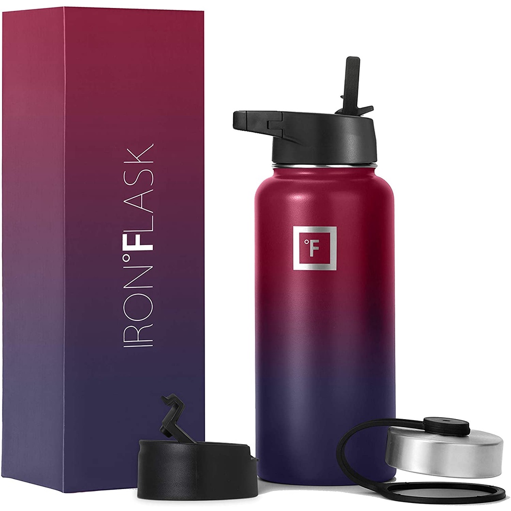 Iron Flask Sports Water Bottle 32 Oz, 3 Lids (Straw Lid), Leak Proof
