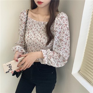 Floral top women crop top crop top korean crop top puff sleeve top square  neck top square neck blous