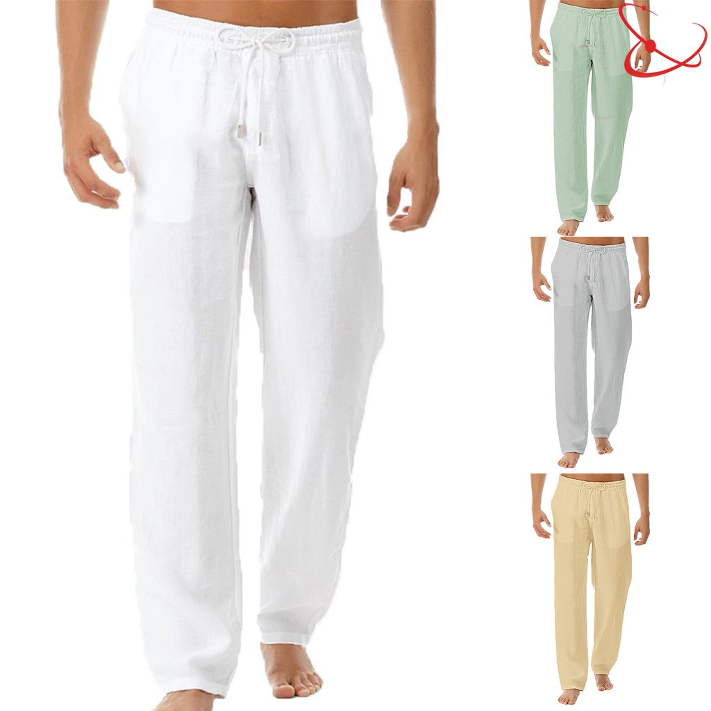 Men's Cotton Linen Pants Casual Drawstring Beach Yoga Loose Long