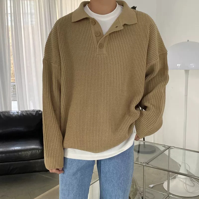 Korean Long Sleeve Polo Sweater For Men Plain Loose Lapel Collar Drop Shoulder Pullover 5924