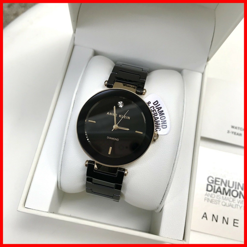 Anne klein women's black clearance round ceramic diamond watch