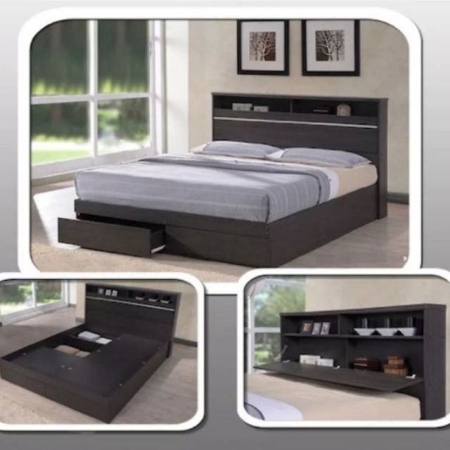 Bed frame with storage Headboard shelves Bed with compartments Bedframe