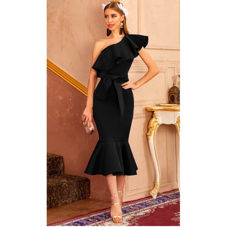 One shoulder belted hot sale fishtail evening dress