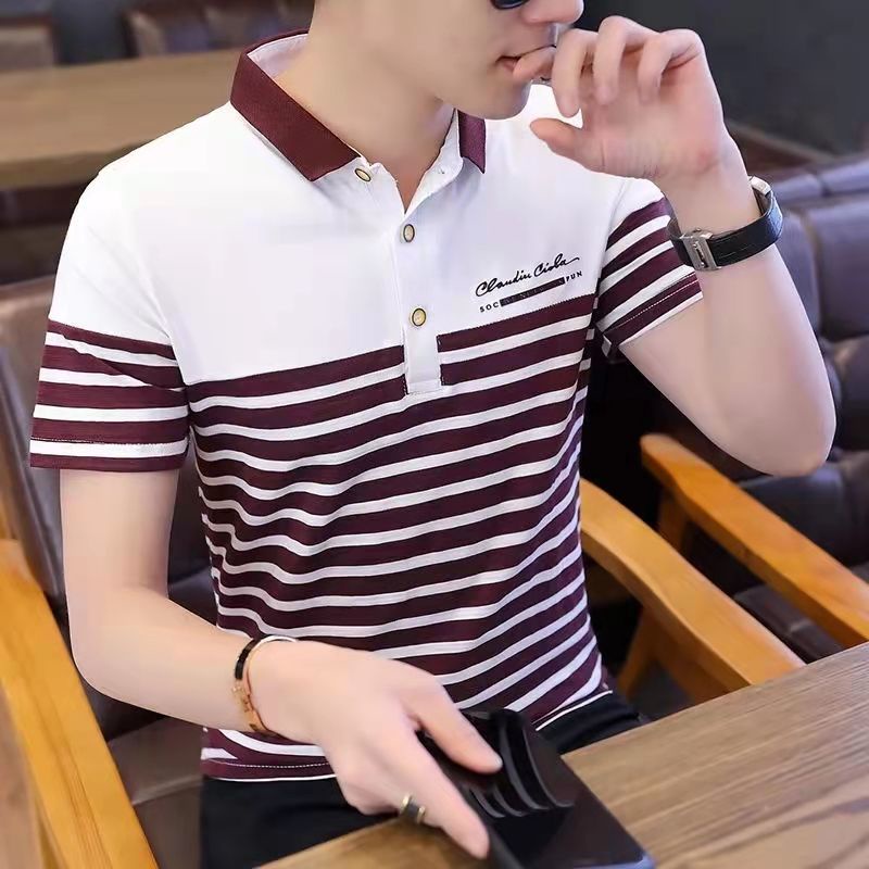 Summer Men Short Sleeved T-shirt Lapel Cotton Polo Shirt Fashion Stripe ...