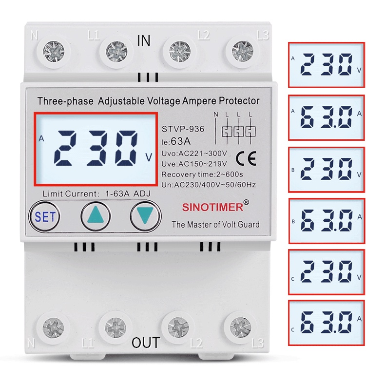 Din Rail 3 Phase Voltage Relay 380V Voltmeter Ammeter Over and Under ...