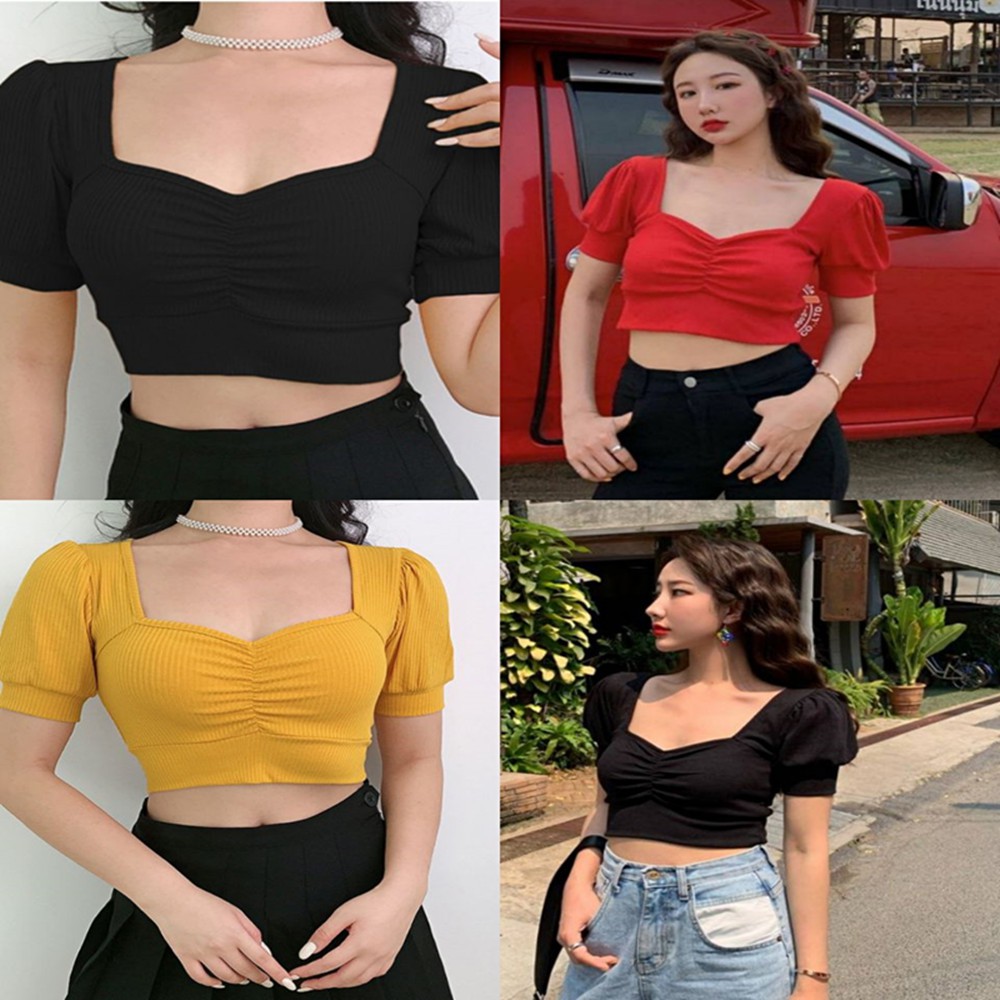 Korean Top Shirt Semi Crop Top Women Korean Vneck Knitted Top | Shopee ...