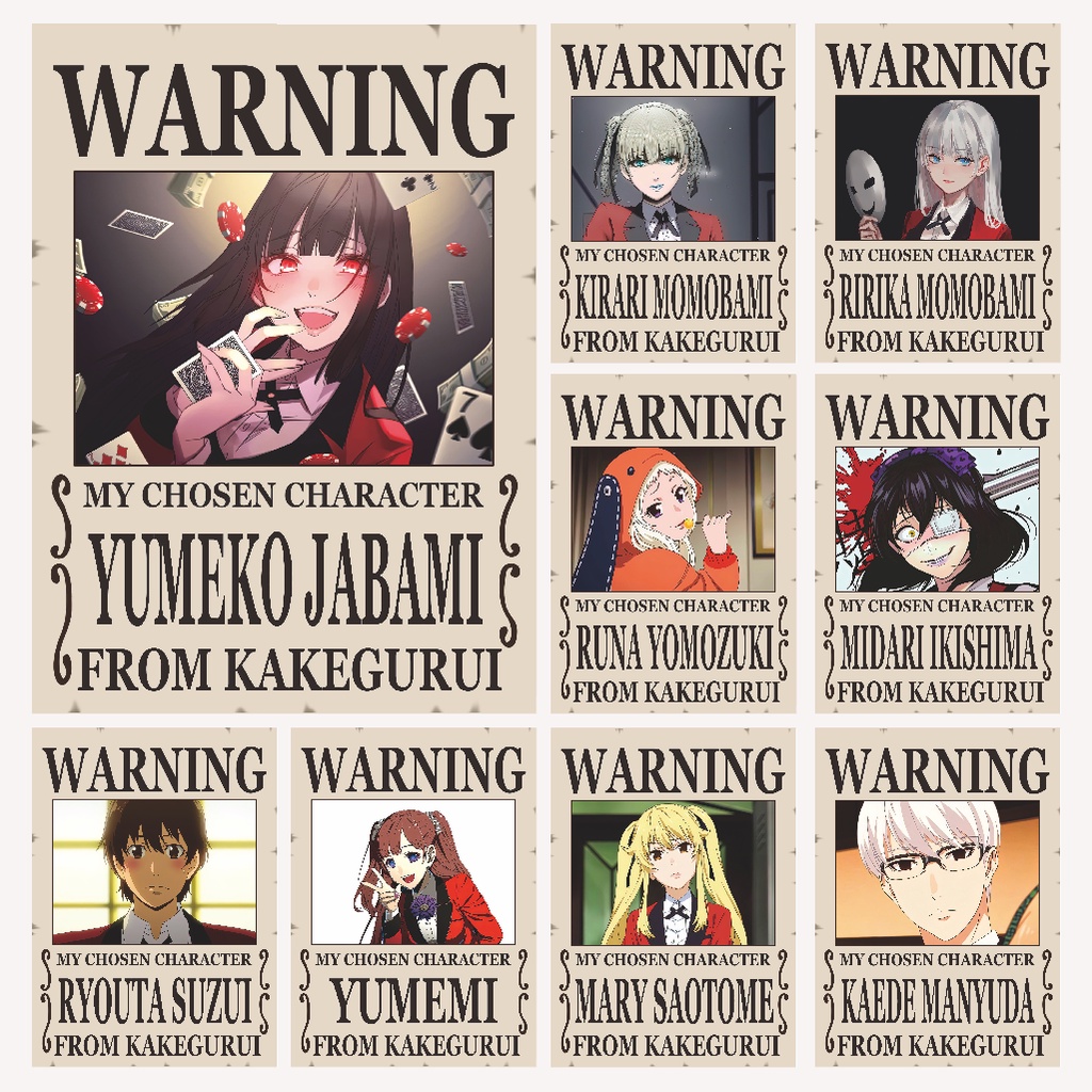 Poster Kakegurui Warning Anime Yumeko Jabami Kirari Momobami Midari  Ikishima Ririka - Size A4+