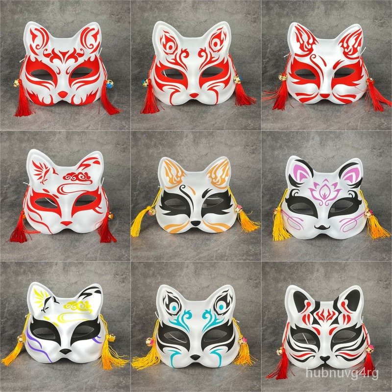 &Anime Half Face Fox Mask Hand-painted Cat The nine-tailed Fox Mask