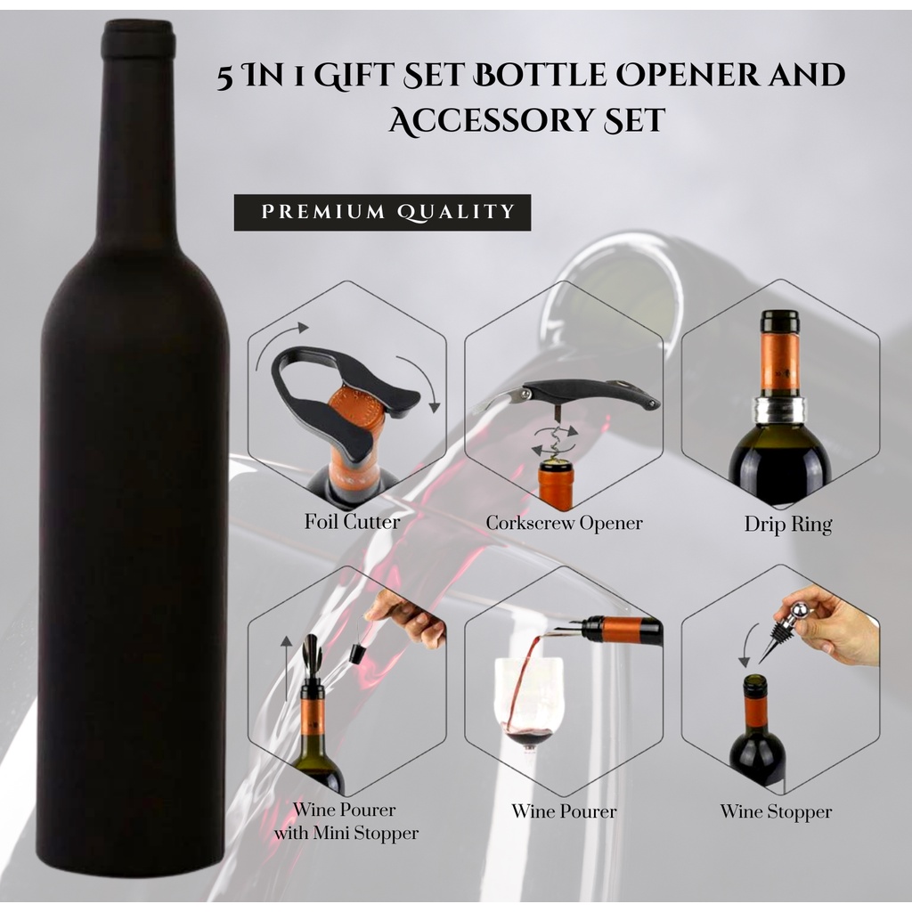 5in1 Wine Bottle Corkscrew Opener Gift Set and Accessory Set Premium