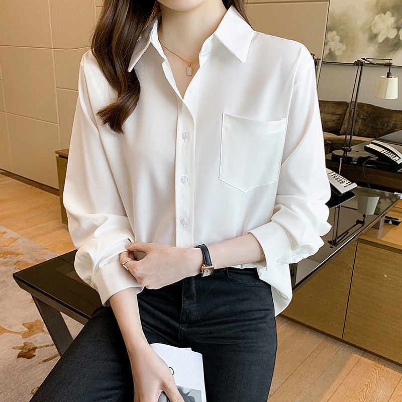 long sleeve blouse for women plus size top loose thin temperament white ...