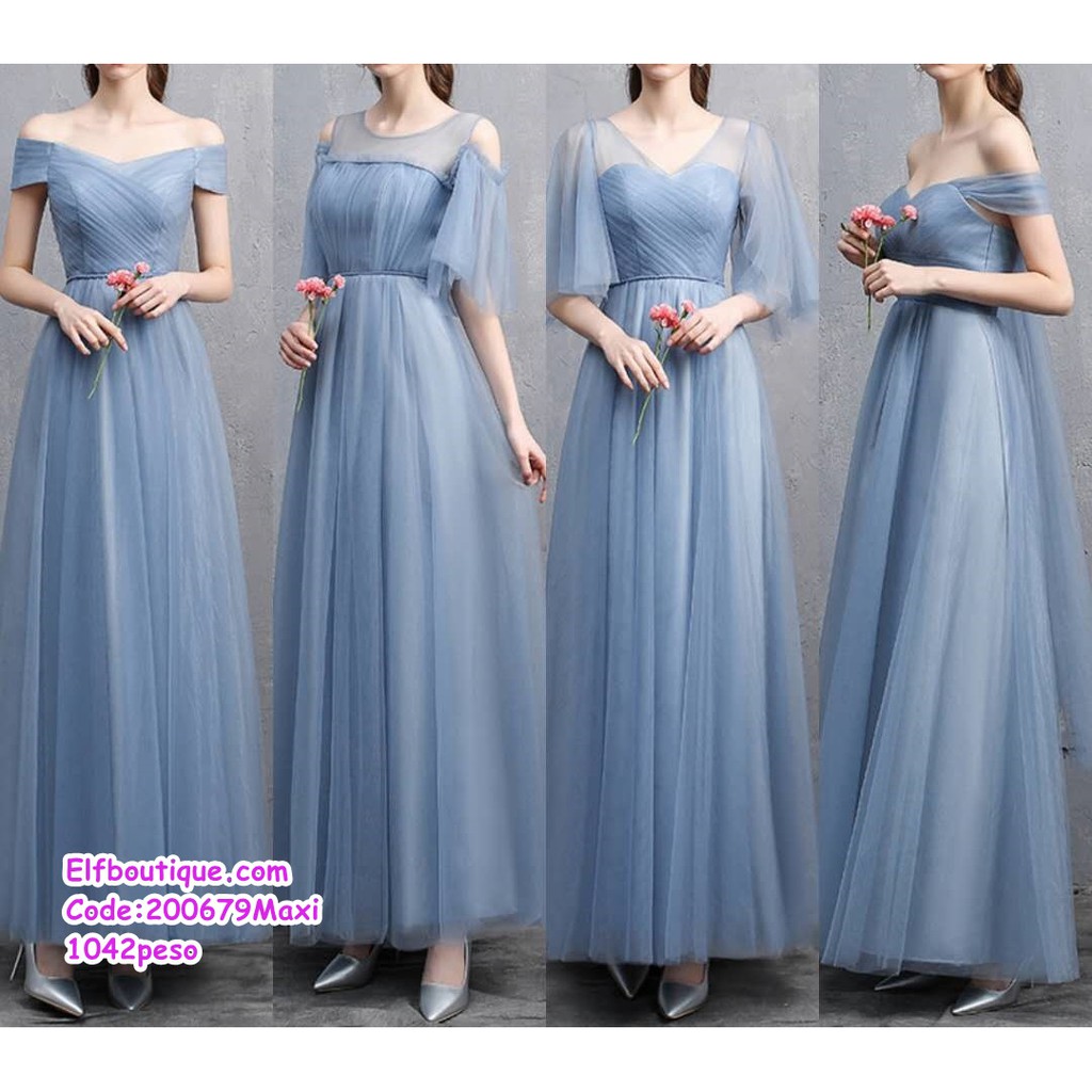 Woman Elegant Korean Style Grey Blue Bridesmaid Gown Maxi