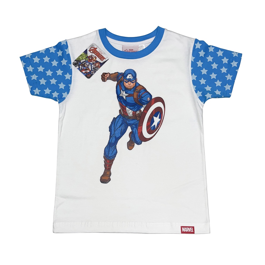 Disney Marvel Avengers Captain America Running Kids And Toddlers White T Shirt With Blue Sleeves