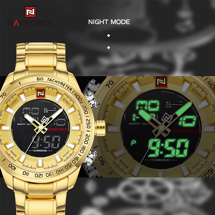 NAVIFORCE 9093 Men Clock Gold Watch Mens Digital LED Sport