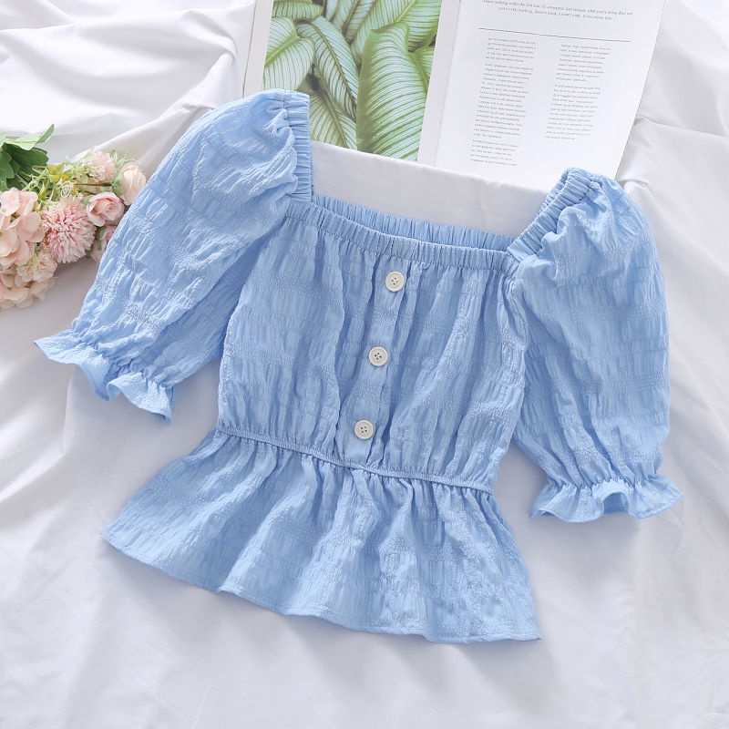 Puff Sleeve Korean-style Pleated Versatile Slim Top Chiffon Sweet Cute ...