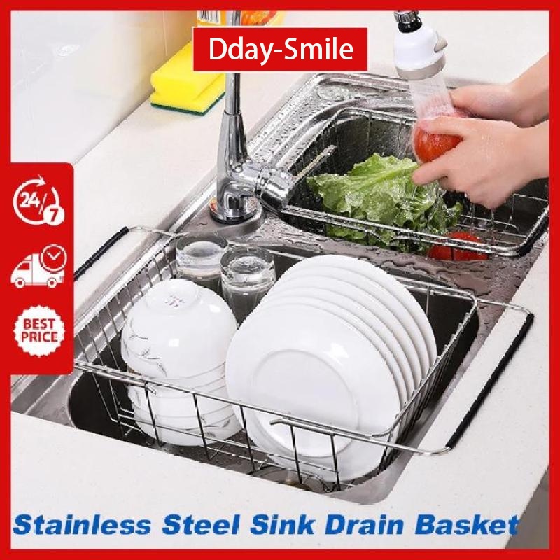 Stainless Steel Sink Drain Basket Expandable Dish Drying Rack Dish Baskets  Dday-Smile
