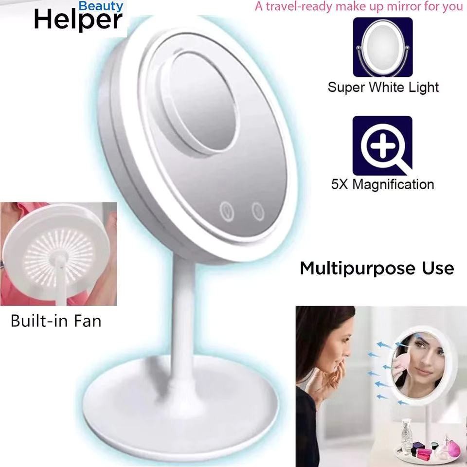 LED Mirror Makeup Mirror With Fan Desktop Portable Mirror Lighted