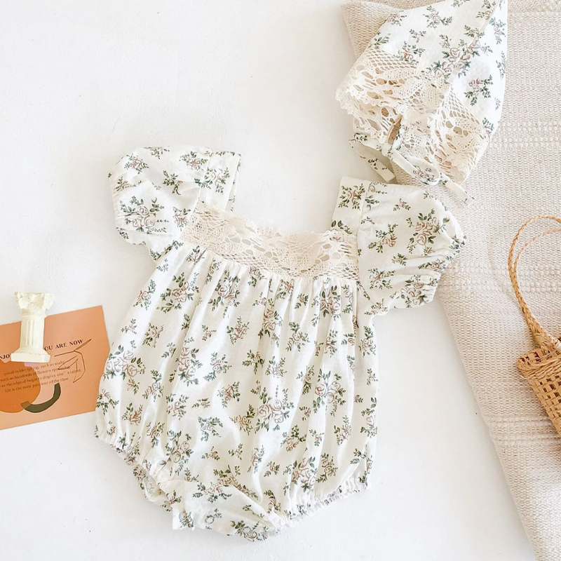 Baby Girl romper Newborn Floral Lace Bodysuit Romper +Hat Princess Summer  Clothes Set