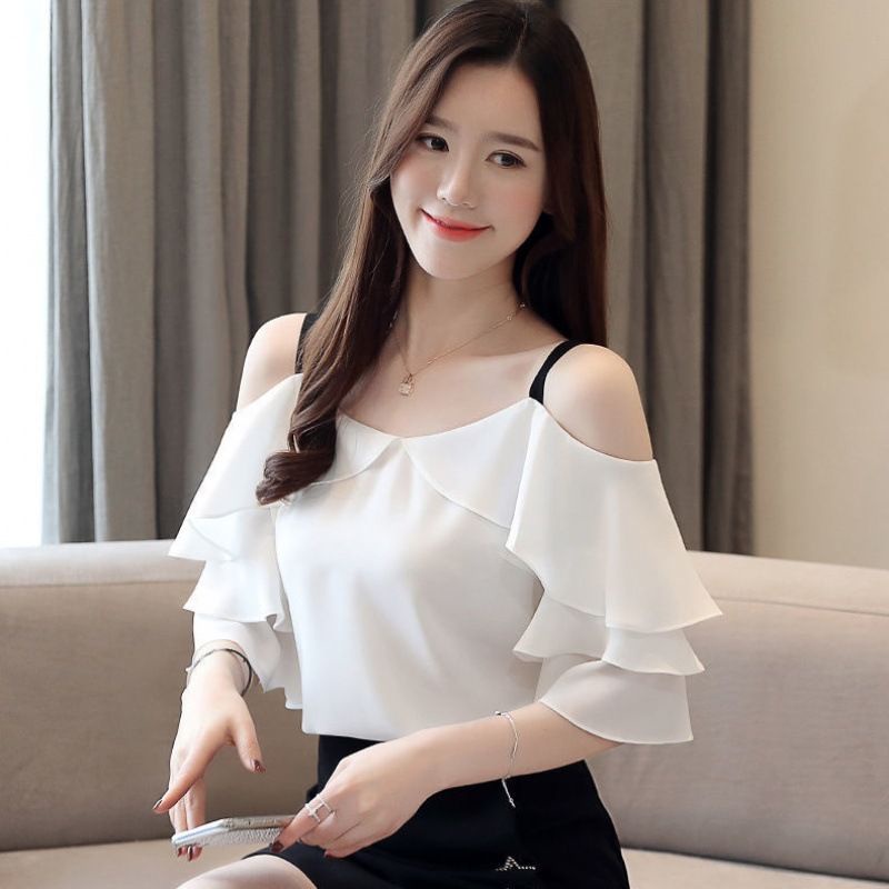 Women's Clothing Elegant Flare Sleeve Fashion Floral Print Chiffon Shirt  Summer Korean Casual Round Neck Off Shoulder Blouse - AliExpress