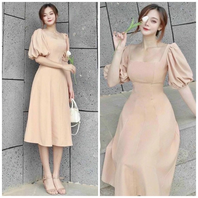 Square neck cream dress with short sleeves with real pictures Shopee Philippines