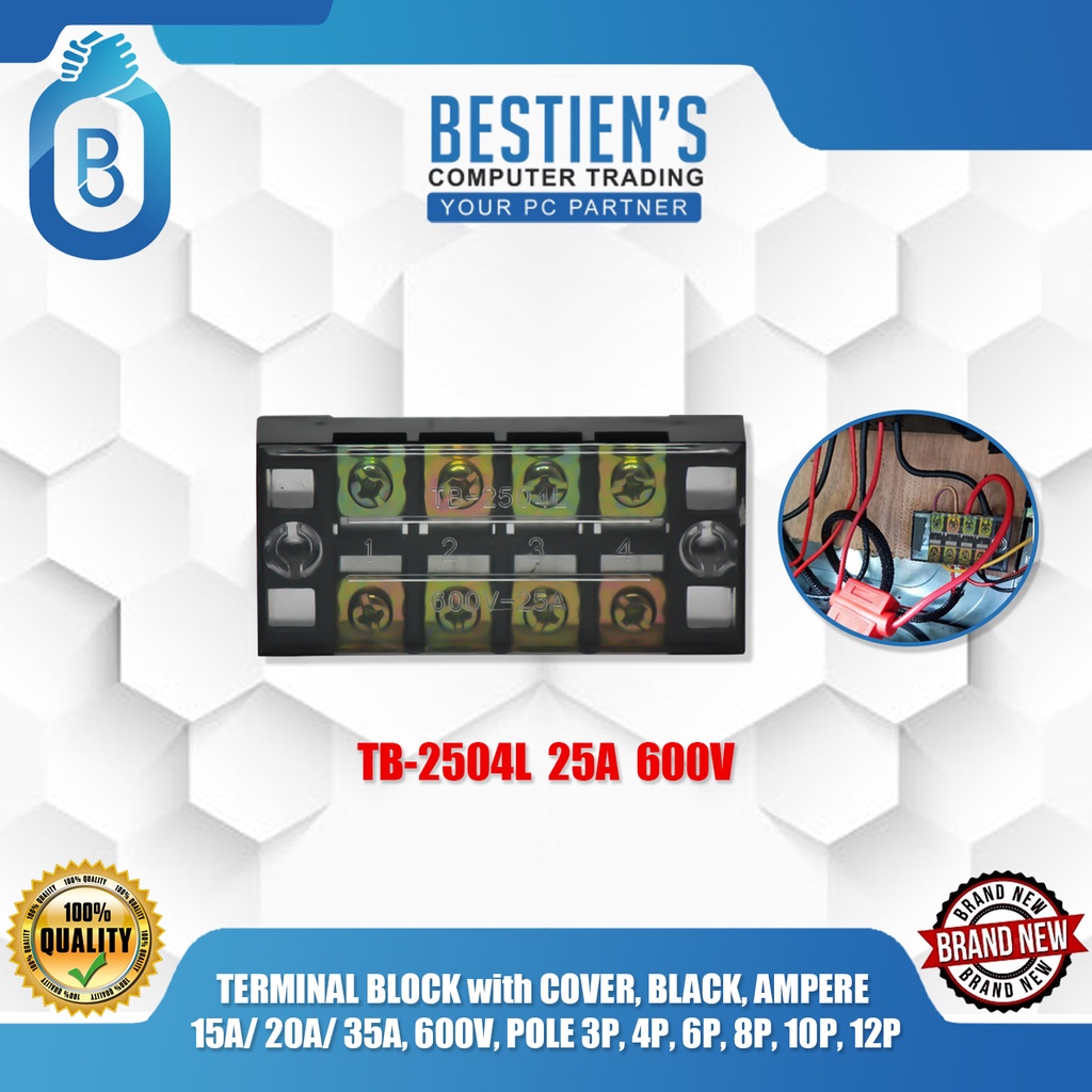 TERMINAL BLOCK With COVER, BLACK, AMPERE 15A/ 20A/ 35A, 600V, POLE 3P ...