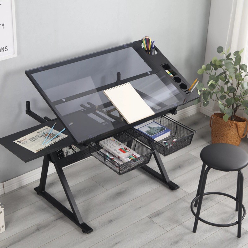 Drafting glass table with extra side table drawers and leather padded