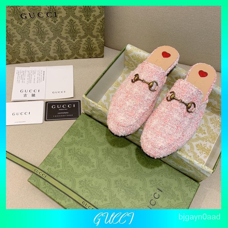 GUCCI Ladies Slippers HighEnd Original Sheepskin Rhombus Fabric Half