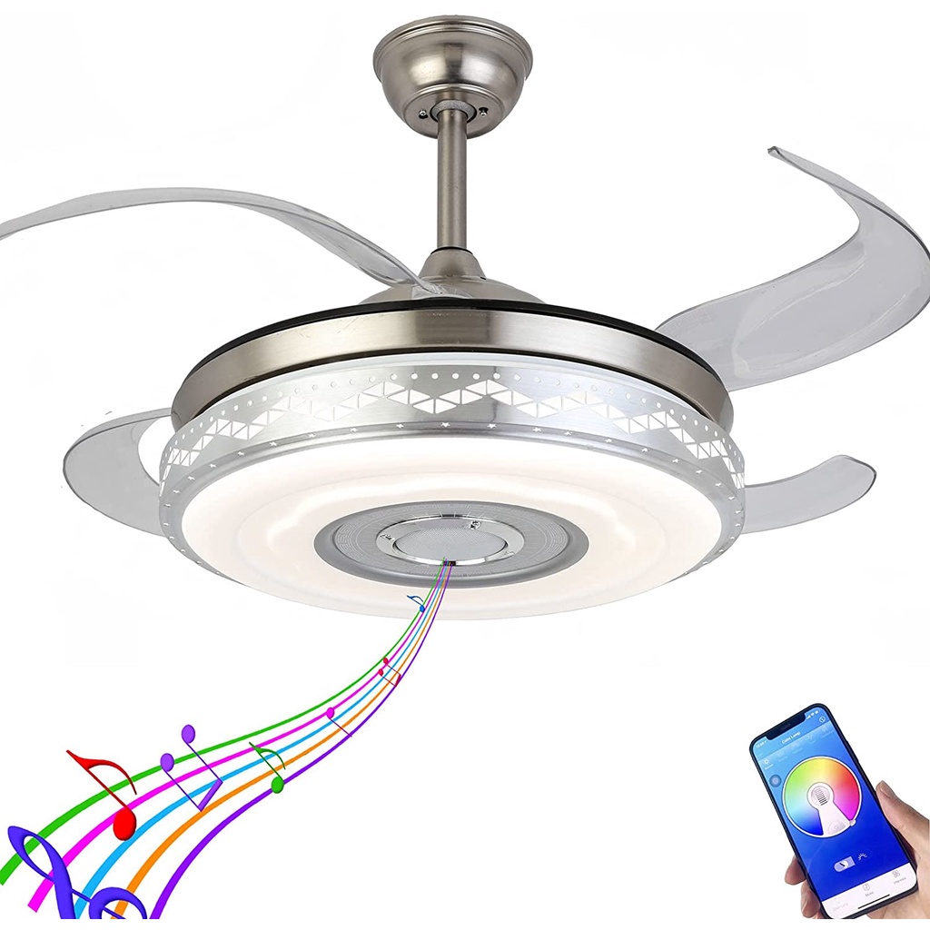 Retractable ceiling fan with light bluetooth pendant light 3 colors ...