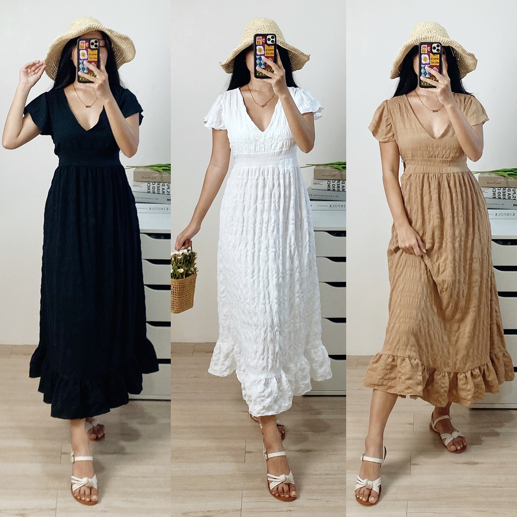 ESSENTIELMANILA V-neck Ruffles MAXI Summer Dress EM117 | Shopee Philippines