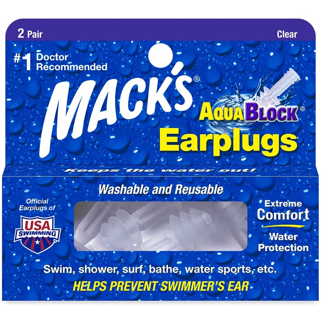 Mack's AquaBlock Swimming Earplugs Comfortable, Waterproof, Reusable