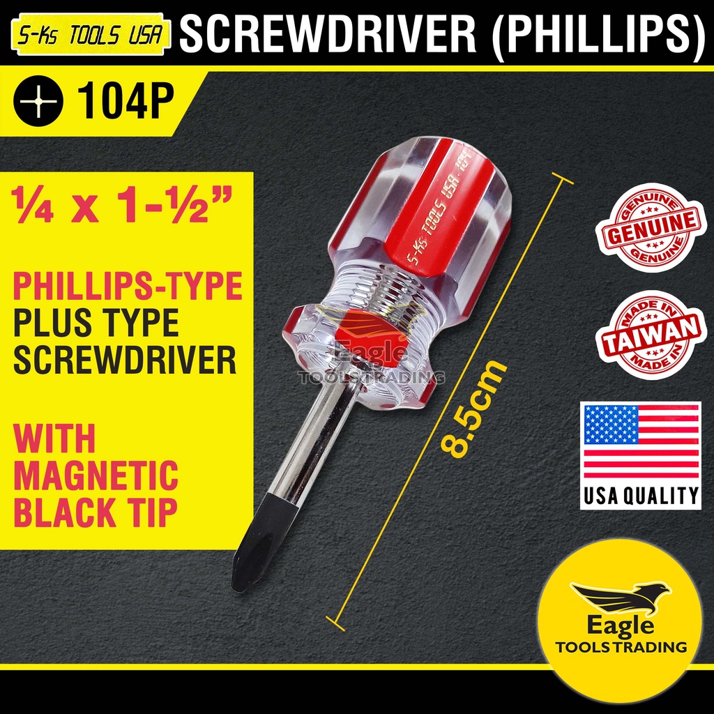 S-Ks Tools USA Stubby Red Screwdriver Phillips plus Tip 104P 1-1/2inch ...