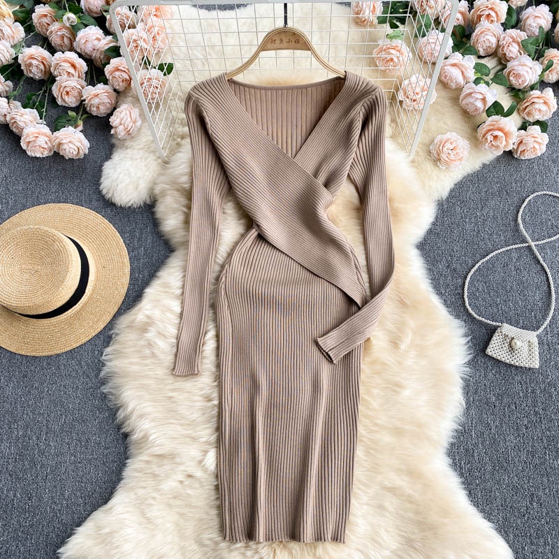 Women's Korean Knit Dress Long Sleeve Sexy V-Neck Slim Dress Spring ...